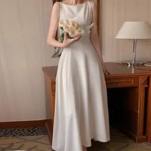 Spaghetti Strap Crew Neck Plain Maxi A-Line Dress White 258824941