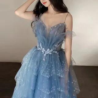 Spaghetti Strap Mesh A-Line Evening Gown Blue by MSSBridal