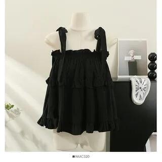 Tie-Strap Plain Ruffled A-Line Mesh Tank Top Black by Lemongrass