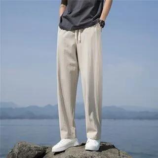Drawstring Waist Plain Straight Leg Pants Khaki by FORSETI