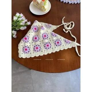 Crochet Knit Headscarf Purple Flower - Off-White by Anavanda