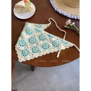 Crochet Knit Headscarf Blue Flower - Off-White 258825457