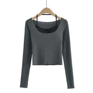 Set: Long-Sleeve Scoop Neck Plain Crop Slim Fit Tee + Halter Bra Top Set Of 2 - Halter Bra Top & T-Shirt - Black & Gray 258825625