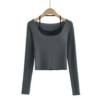 Set: Long-Sleeve Scoop Neck Plain Crop Slim Fit Tee + Halter Bra Top Set Of 2 - Halter Bra Top & T-Shirt - Black & Gray by Ulark