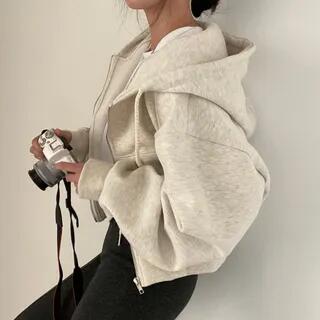 Plain Zip-Up Crop Hoodie Light Almond by Dovitade