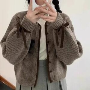 Ribbon Accent Button-Up Cardigan Coffee 258825805