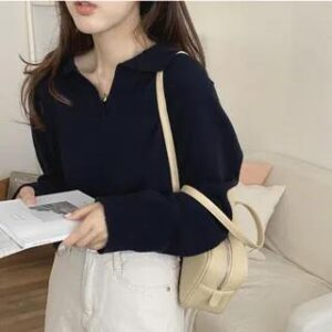 Long-Sleeve Knit Polo Shirt Navy Blue 258825907
