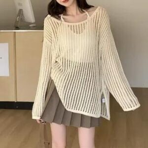 cream textured sheer-knit long-sleeve loose sweater
