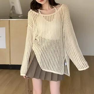 Long-Sleeve Scoop Neck Plain Slit Top Almond by Shinsei