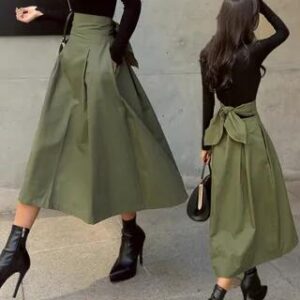 High Waist Plain Bow Back Midi A-Line Skirt Army Green 258826448