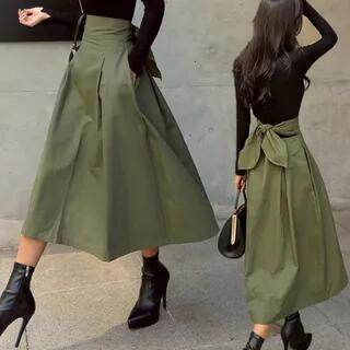 High Waist Plain Bow Back Midi A-Line Skirt Army Green by Supernova