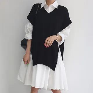 V-Neck Slit Sweater Vest Vest - Black by Maisee
