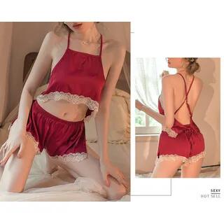 Plain Lace Trim Camisole / Pajama Shorts / Pajama Robe / Set Pajama Robe - Wine Red by Hotty