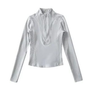 Long-Sleeve Mock Neck Plain Half Zip Panel Top Melange Gray 258827041