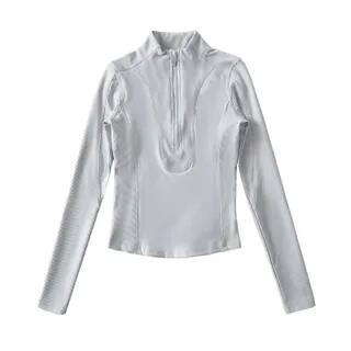 Long-Sleeve Mock Neck Plain Half Zip Panel Top Melange Gray by Asiris