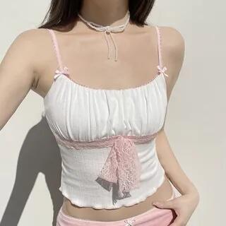 Lace-Trim Open-Back Ruched Crop Camisole Top White by Sosana