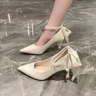 Faux Pearl Pointy Pumps Off-White by Anjay