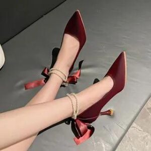Faux Pearl Pointy Pumps Wine Red 258859781