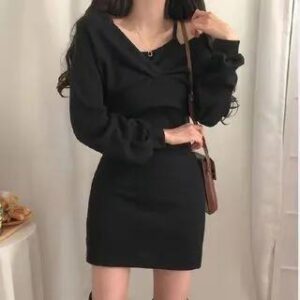 Set: Spaghetti Strap Mini Dress + Long-Sleeve V-Neck Cropped Top Black 259026020