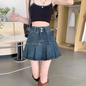 High Rise Washed Pleated Mini A-Line Denim Skirt Blue 259088315