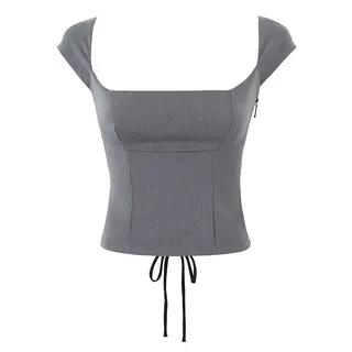 Cap-Sleeve Square Neck Plain Crop Top / Mini Pencil Skirt Top - Gray by Allinya