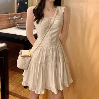 Sleeveless Square Neck Plain Tiered Mini A-Line Corset Dress Apricot by Cossita