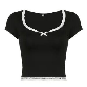 Short Sleeve / Long Sleeve Square-Neck Lace-Trim Plain Slim-Fit Crop Top Black 259181815