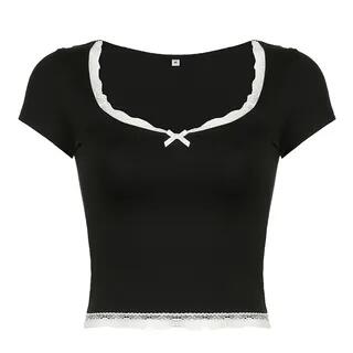 Short Sleeve / Long Sleeve Square-Neck Lace-Trim Plain Slim-Fit Crop Top Black by Sosana