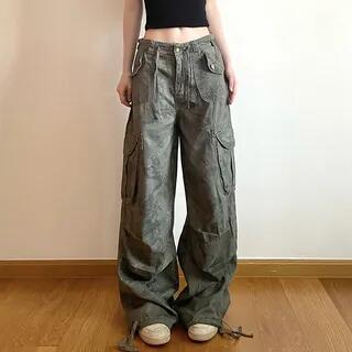 Low Rise Camo Print Wide Leg Cargo Pants Camouflage - Army Green by Sosana