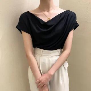 [F] One-Shoulder Satin Shirred Blouse Black by MIKIGA