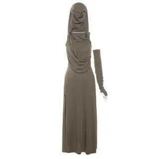 Set: Sleeveless Hooded Plain Slit Maxi Sheath Dress + Arm Sleeves Khaki by Sugarcoat