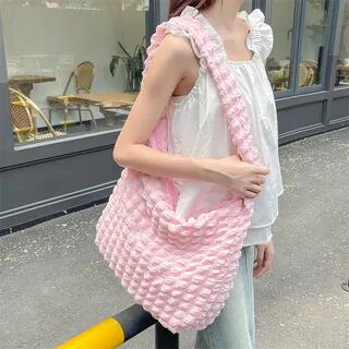 Plain Quilted Bubble Light Tote Bag Pink by Milha