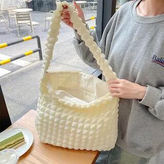 Plain Quilted Bubble Light Tote Bag Beige by Milha