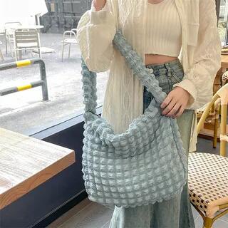 Plain Quilted Bubble Light Tote Bag Blue by Milha