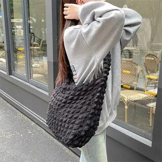 Plain Quilted Bubble Light Tote Bag Black by Milha