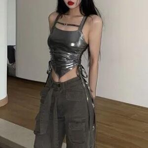 Metallic Ruched Side Asymmetrical Hem Cami Top Silver 259351980
