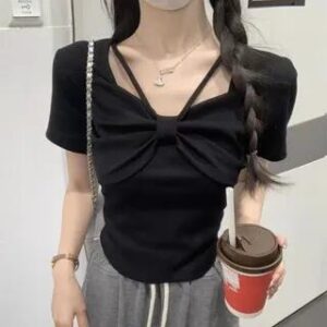 Short-Sleeve V-Neck Plain Bow Knot T-Shirt Black 259438718