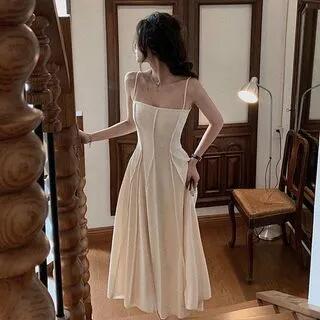 Spaghetti Strap Plain Crinkled Seam Front Midi A-Line Dress White by Rosesand