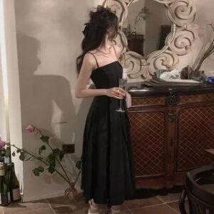 Spaghetti Strap Plain Crinkled Seam Front Midi A-Line Dress Black 259454682