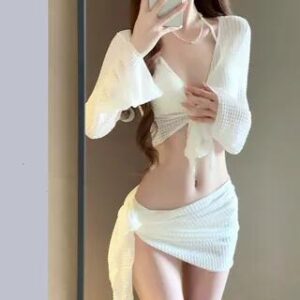 Set: Long-Sleeve Cover-Up Top + Bikini Top + Bottom + Skirt Set Of 4 - Cover-Up Top & Bikini Top & Bottom & Skirt - White 259454686