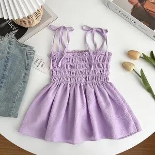 Tie Shoulder Plain Shirred Peplum Camisole Top Purple by DIYI