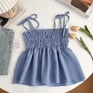Tie Shoulder Plain Shirred Peplum Camisole Top Blue 259454690