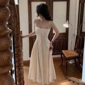 Spaghetti Strap Plain Crinkled Seam Front Midi A-Line Dress White 259454702