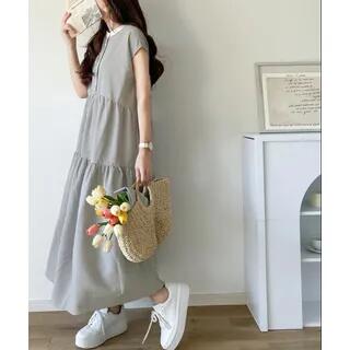 Cap-Sleeve Band Collar Button Midi A-Line Dress Stripes - Gray by MIKIGA