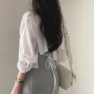 Long-Sleeve Plain Crop Shirt White by MIKIGA