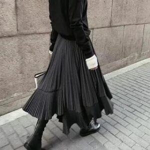 High Waist Asymmetrical Plain Accordion Pleat Midi A-Line Skirt Black 259483564