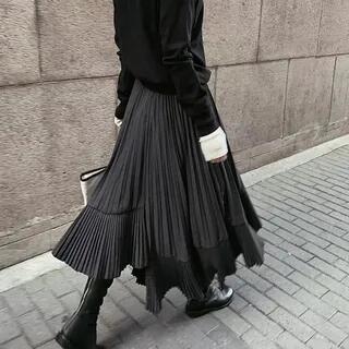 High Waist Asymmetrical Plain Accordion Pleat Midi A-Line Skirt Black by Supernova