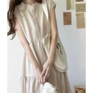 Cap-Sleeve Band Collar Button Midi A-Line Dress Plain - Almond 259483606