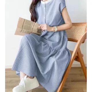 Cap-Sleeve Band Collar Button Midi A-Line Dress Stripes - Light Blue by MIKIGA