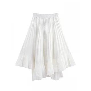 High Waist Asymmetrical Plain Accordion Pleat Midi A-Line Skirt White by Supernova